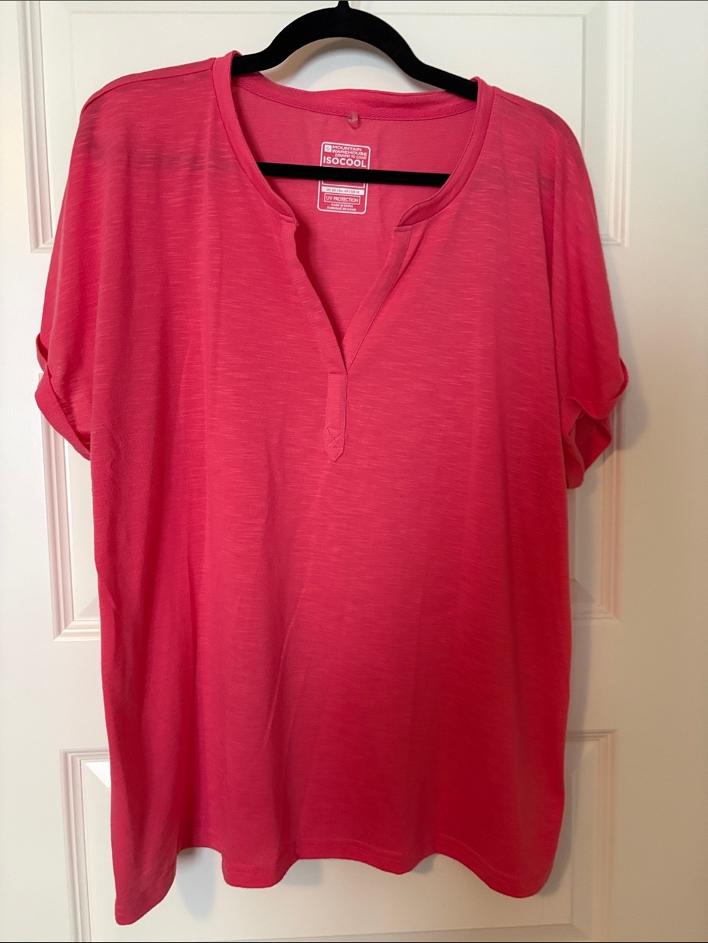 Women's Bright Coral Short Sleeve Split-Neck Top
